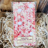 Handmade white chocolate Eton Mess bar with strawberries and meringue – Beaulieu Chocolate Studio