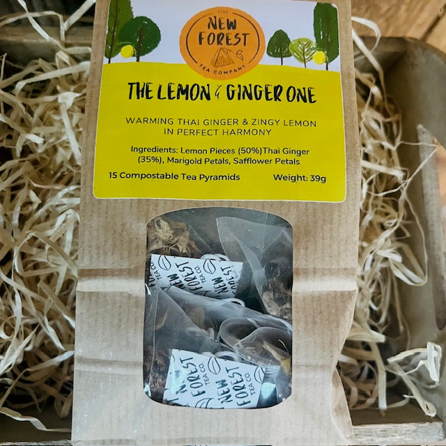 Tea package with 'New Forest Tea Company' label on a wooden background