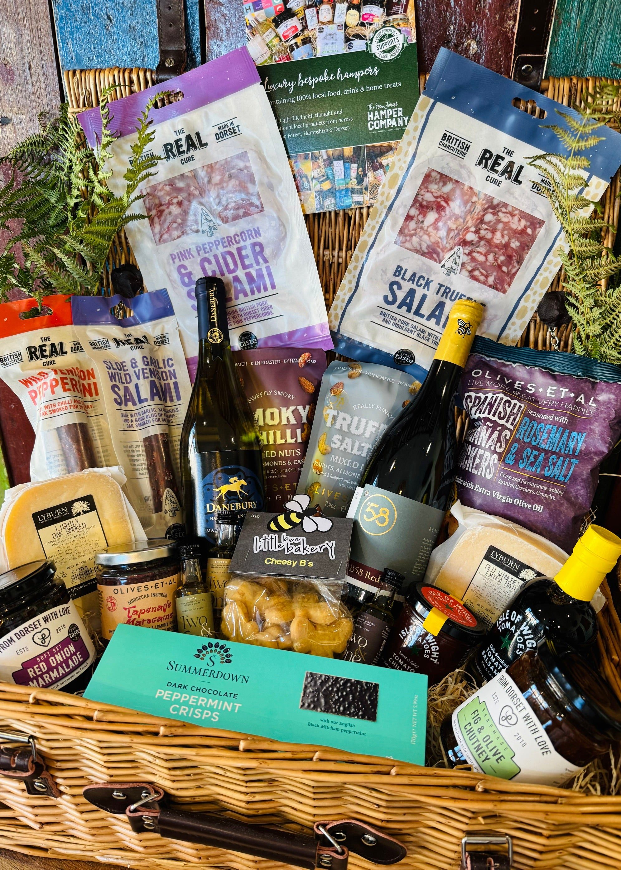 Four Real Cure Dorset salamis and two Lyburn cheeses with Spanish Reganas crackers and Olives et Al nuts from The Indulgent Wine, Cheese & Charcuterie Hamper