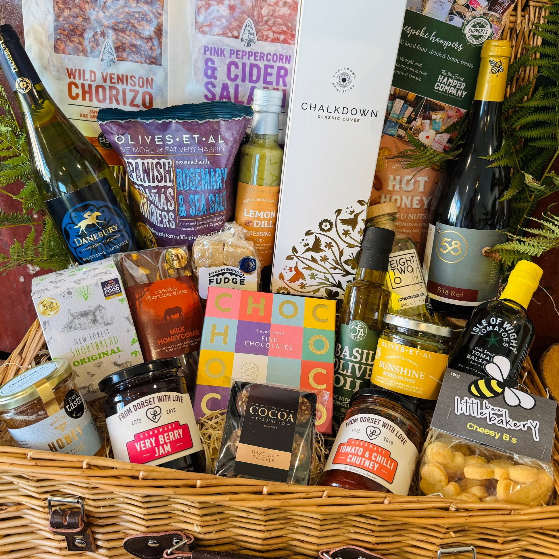 Chalkdown Classic Cuvee, Danebury Madeleine Angevine, B58 Red and 820 London Dry Gin from The Indulgent Celebration Hamper