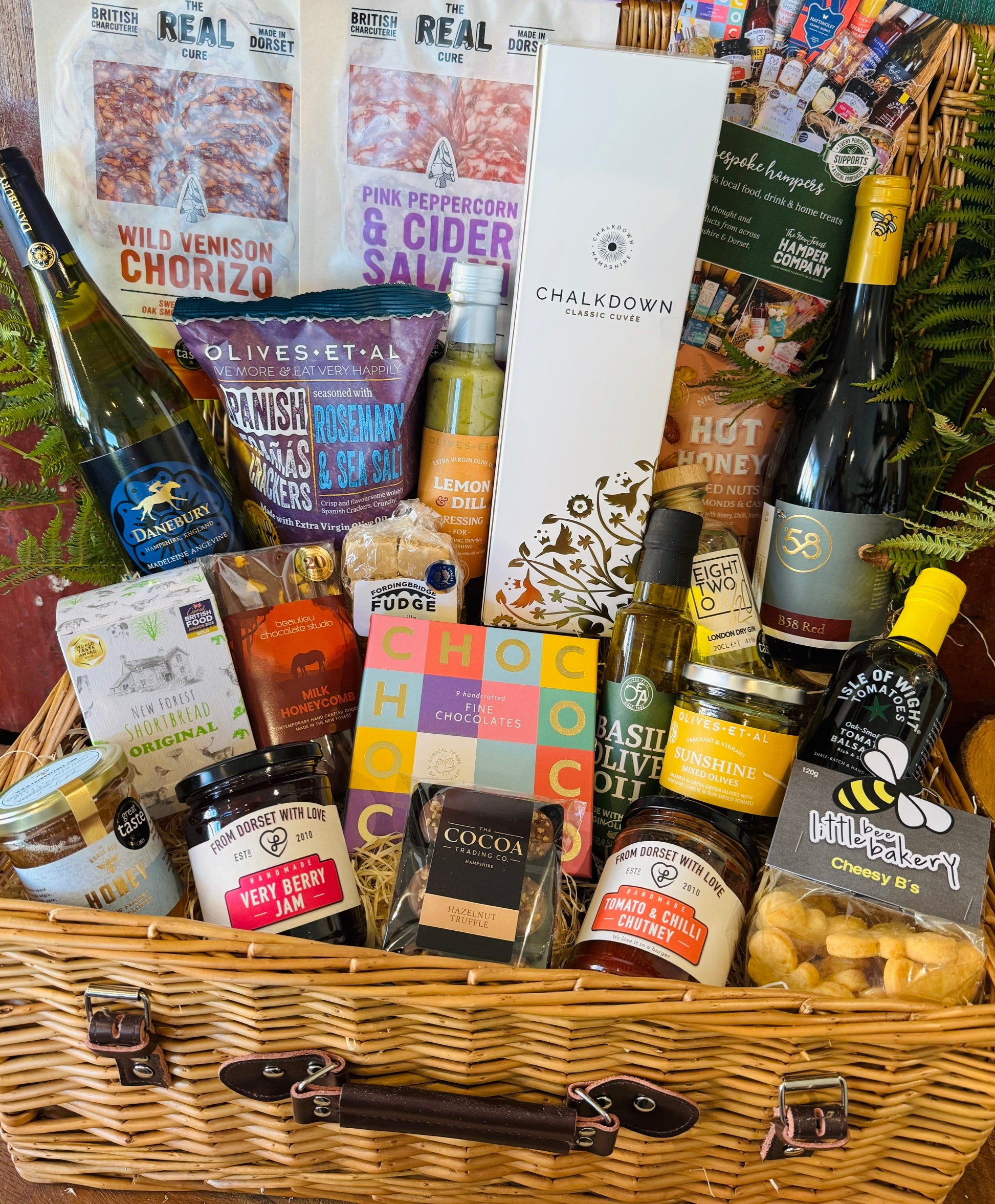 Chalkdown Classic Cuvee, Danebury Madeleine Angevine, B58 Red and 820 London Dry Gin from The Indulgent Celebration Hamper