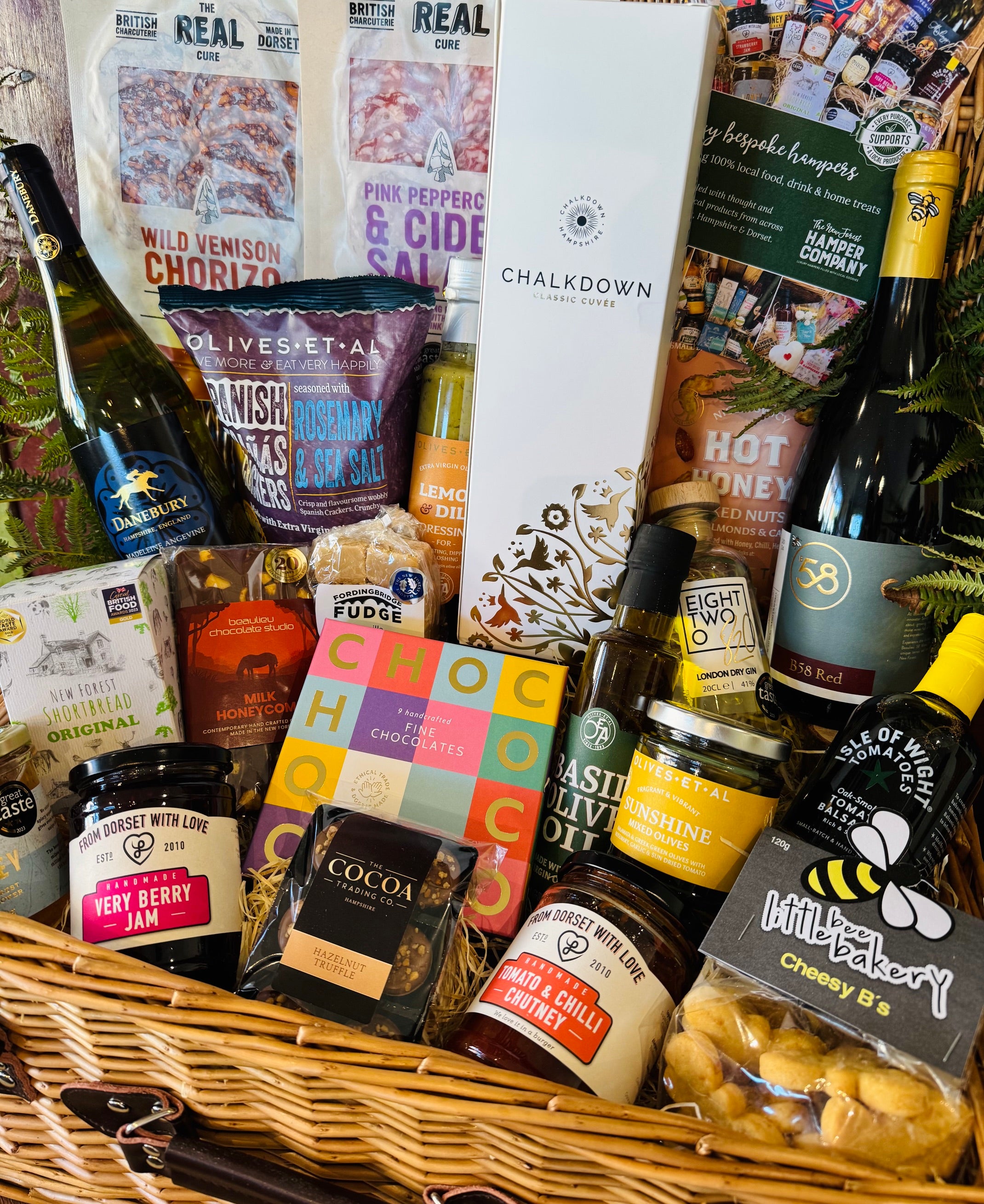 Chococo handcrafted chocolates, Beaulieu honeycomb bar, Fordingbridge vanilla fudge and New Forest Shortbread from The Indulgent Celebration Hamper