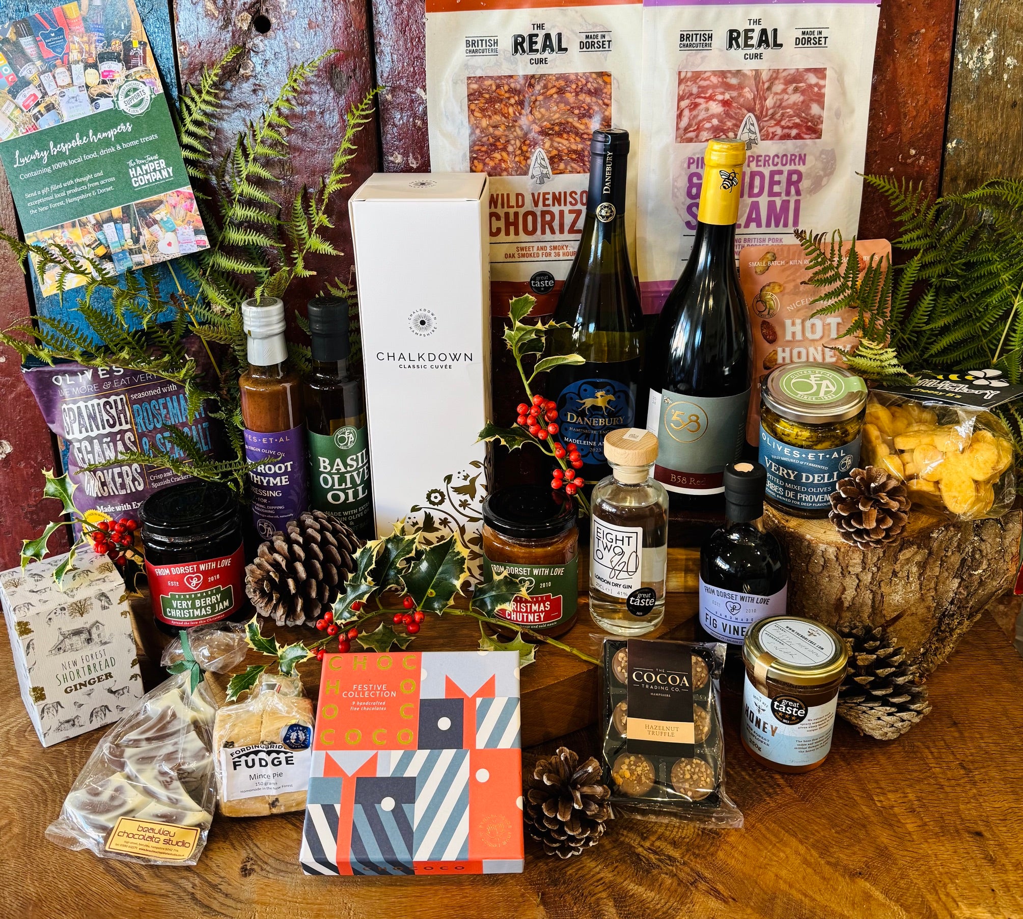 Chalkdown Classic Cuvee, Danebury Madeleine Angevine, B58 Red and 820 London Dry Gin with festive New Forest treats