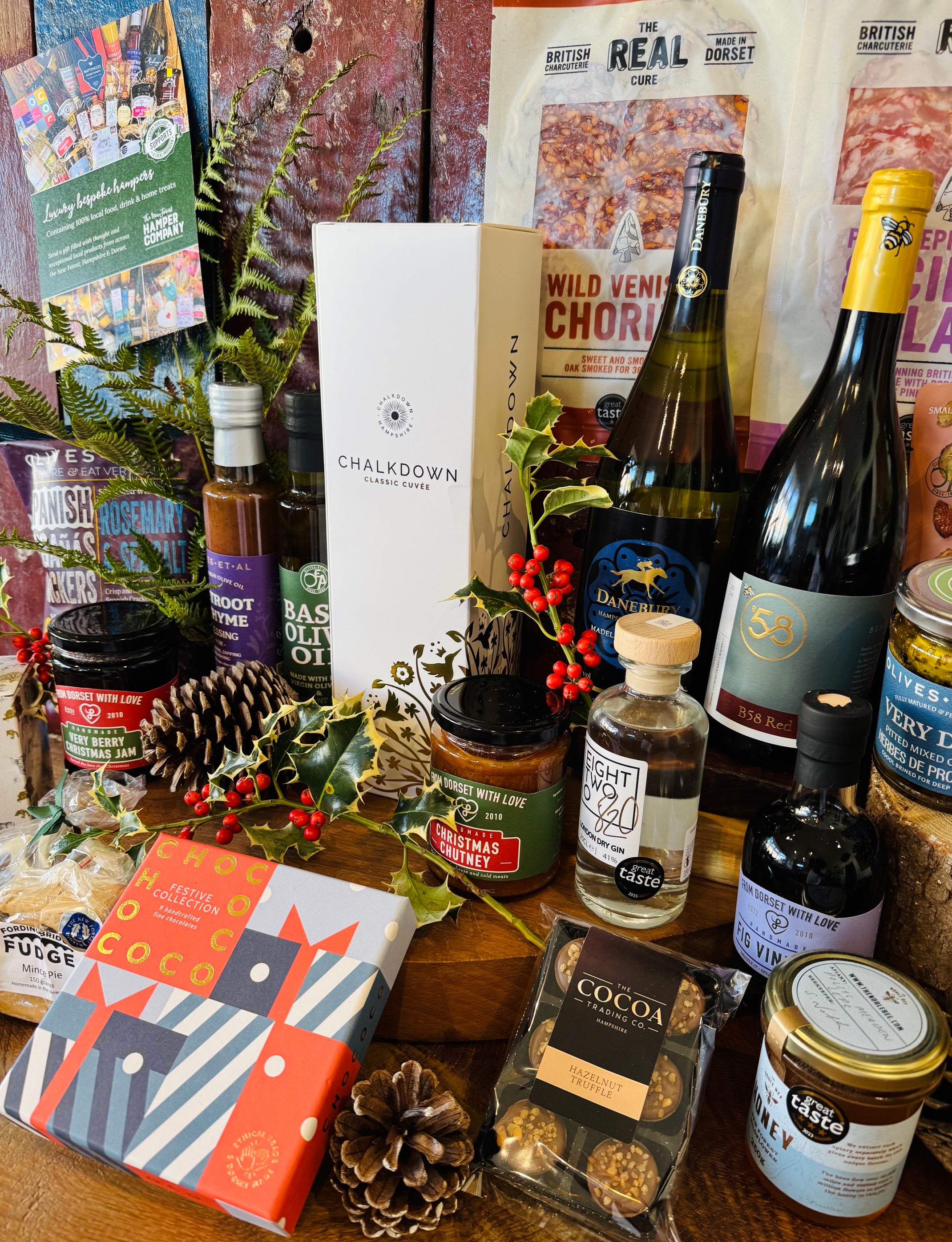 New Forest wildflower honey, Christmas chutney, fig balsamic vinegar and Olives et Al crackers from the festive hamper