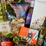 Chococo festive chocolates, mince pie fudge and Christmas chutney in a lidded willow Christmas hamper