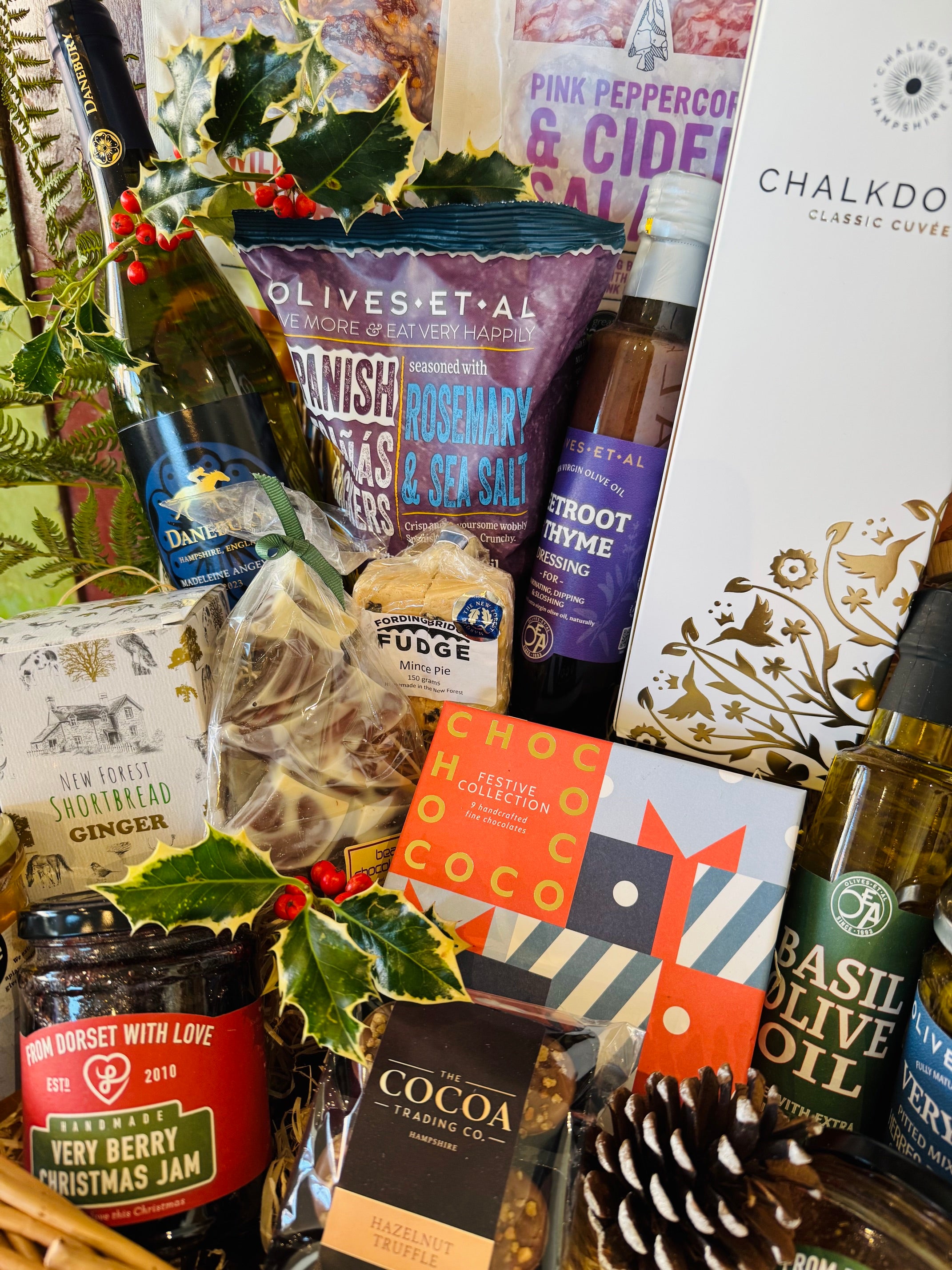 Chococo festive chocolates, mince pie fudge and Christmas chutney in a lidded willow Christmas hamper