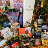 20 inch double steamed lidded willow hamper with leather straps, filled with local Christmas food and drink