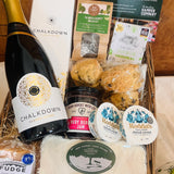 Chalkdown Afternoon Tea Hamper basket dressed and ready to give, with Chalkdown Classic Cuvée and a full New Forest cream tea