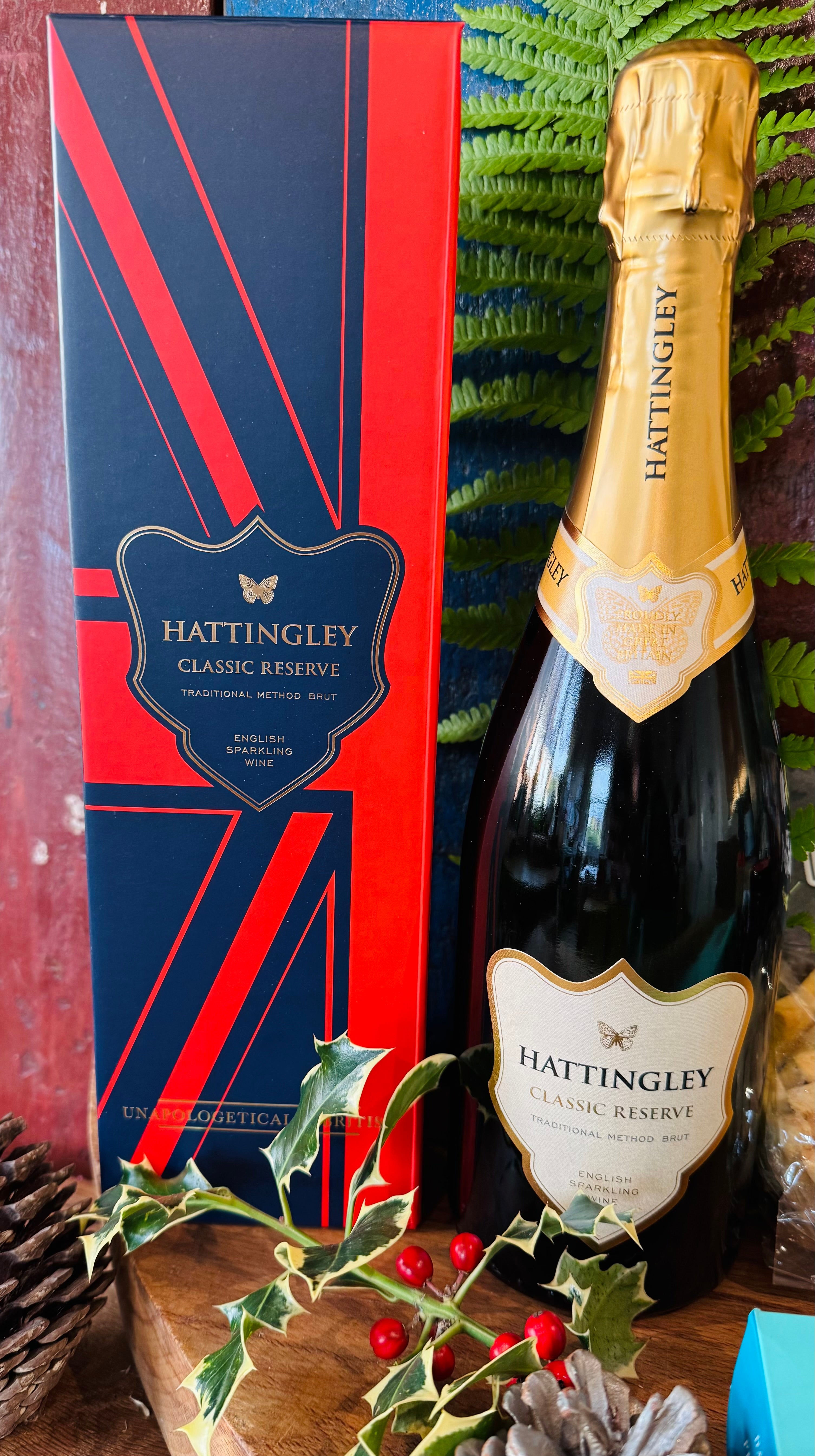 Hattingley Valley Classic Reserve traditional method brut English sparkling wine, bottle and presentation giftbox, with holly and pine cones