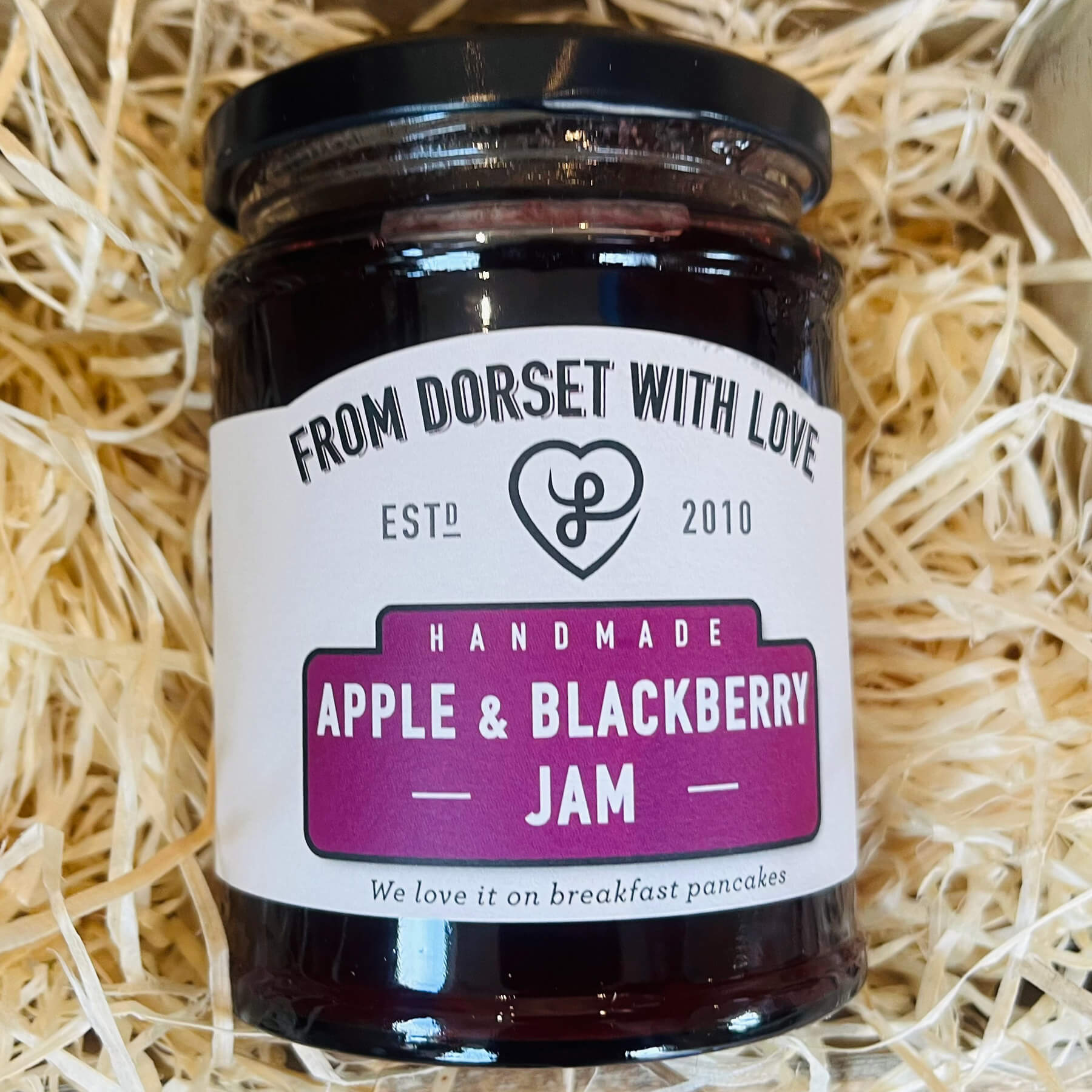 Jar of From Dorset With Love Apple & Blackberry Jam – artisan Dorset blackberry and apple jam.