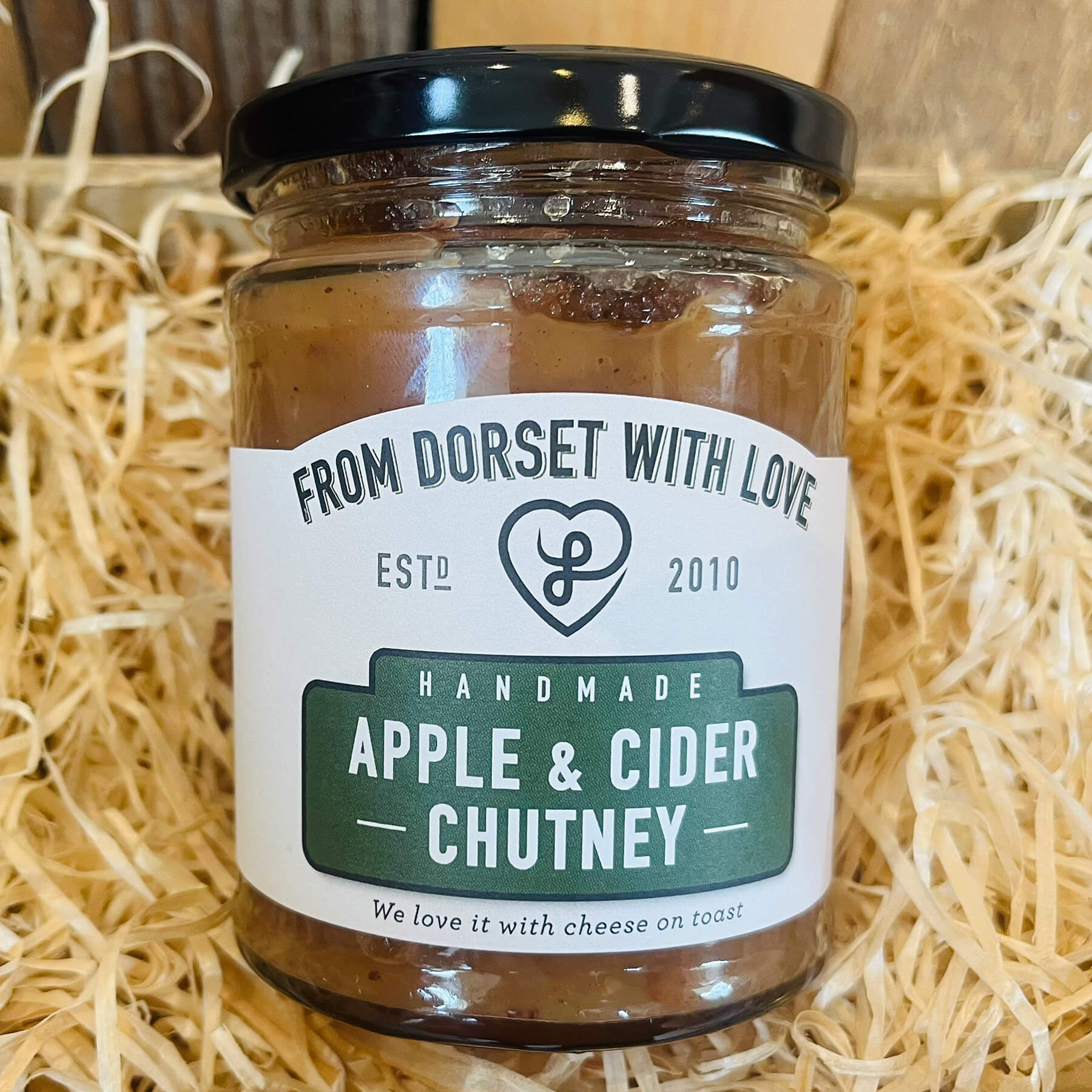 Jar of From Dorset With Love Apple and Cider Chutney – artisan Dorset chutney with cider-soaked apples.