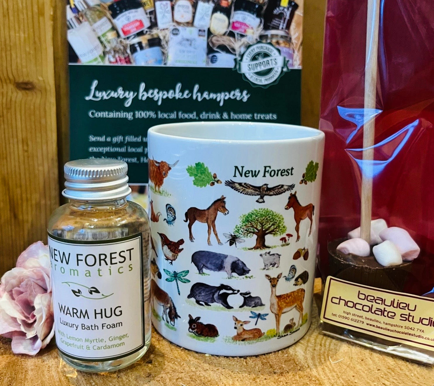 Hug in a Mug Valentine’s gift with New Forest mug, hot chocolate dipper and Warm Hug bath foam