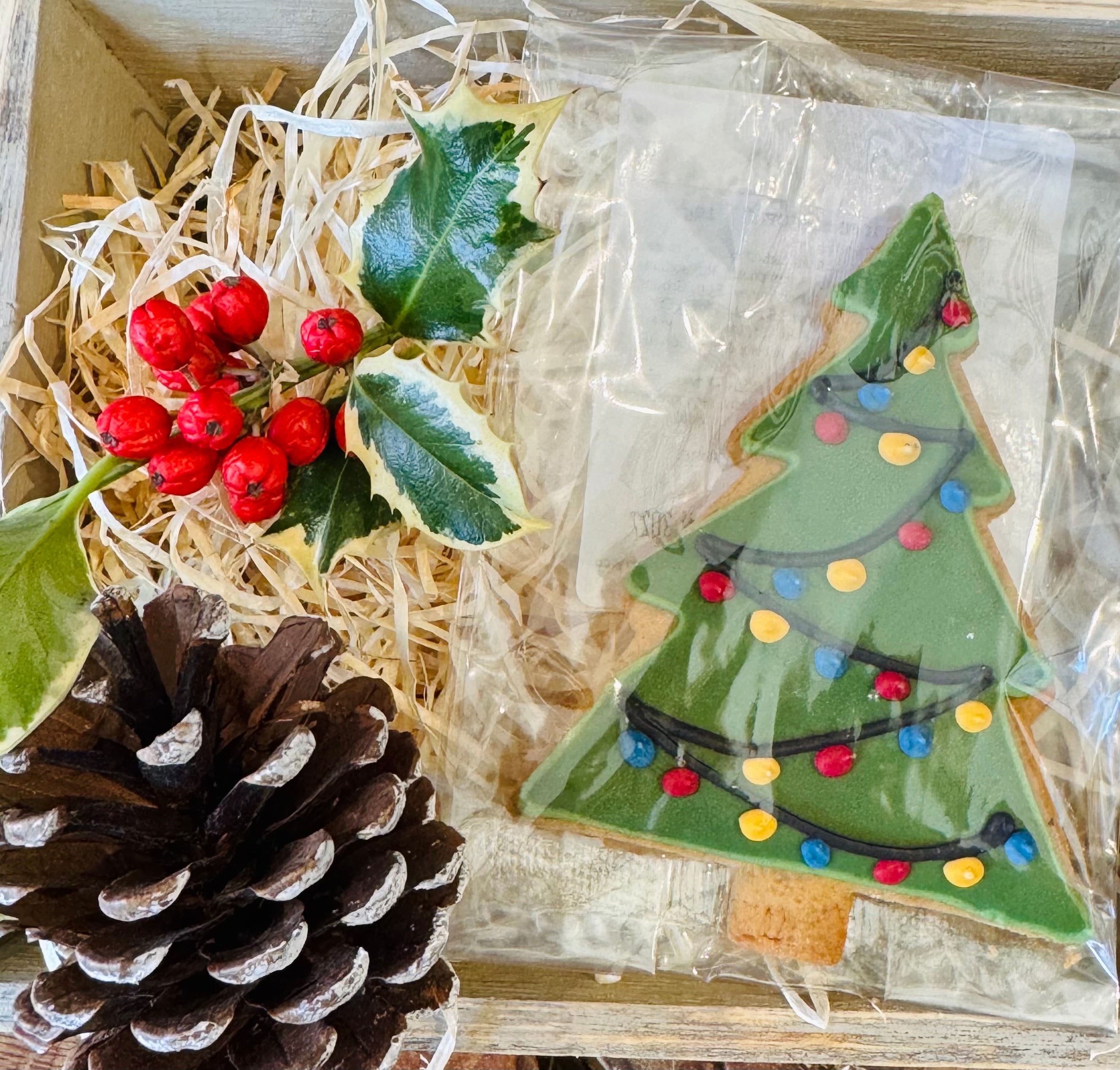 Little Bee Bakery hand-iced Christmas Tree biscuit decorated with garlands and red, blue and yellow baubles, in a wooden gift crate with holly, red berries and a pinecone