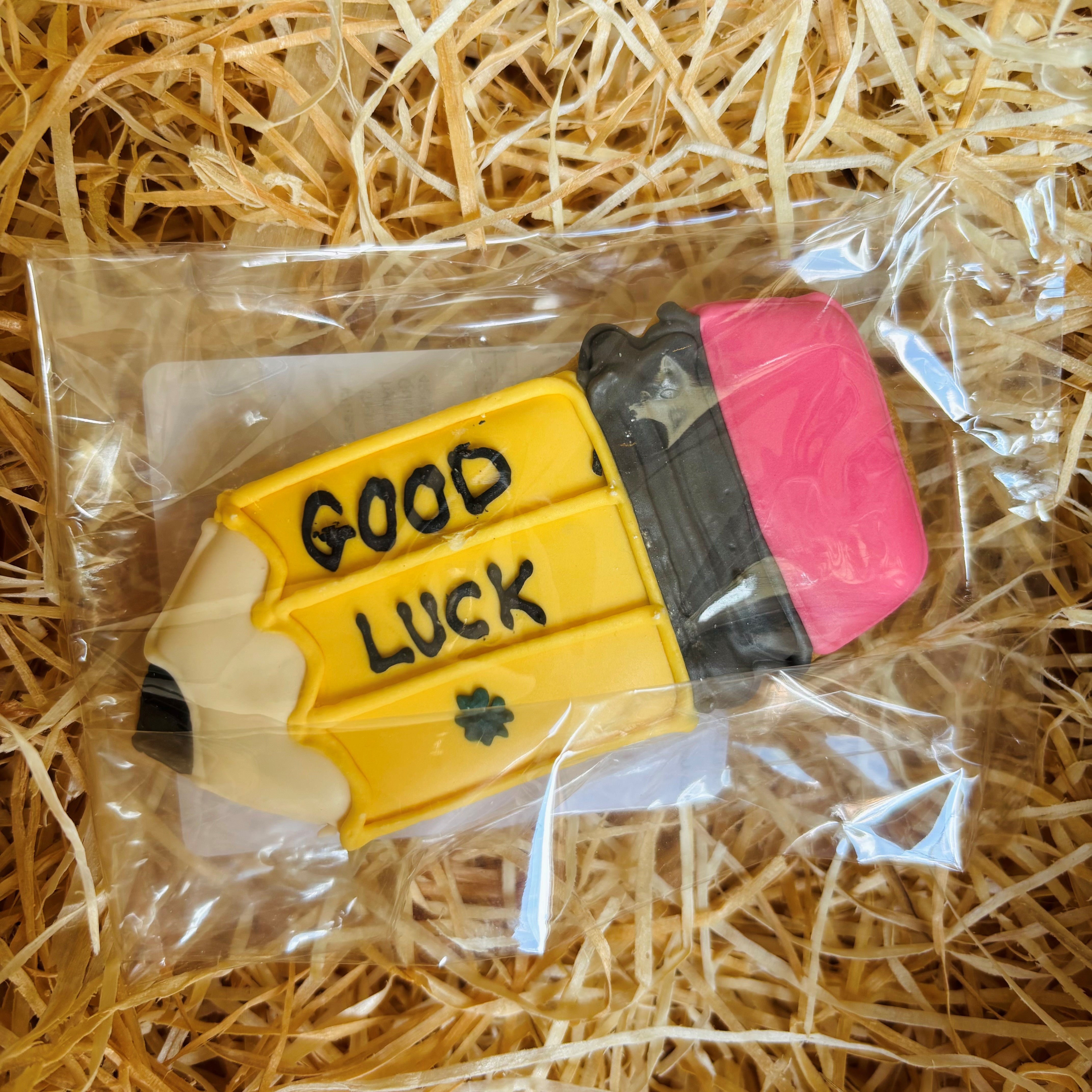 Little Bee Bakery 'Good Luck' Hand-Iced Pencil Biscuit — individually hand-iced gift biscuit from the New Forest