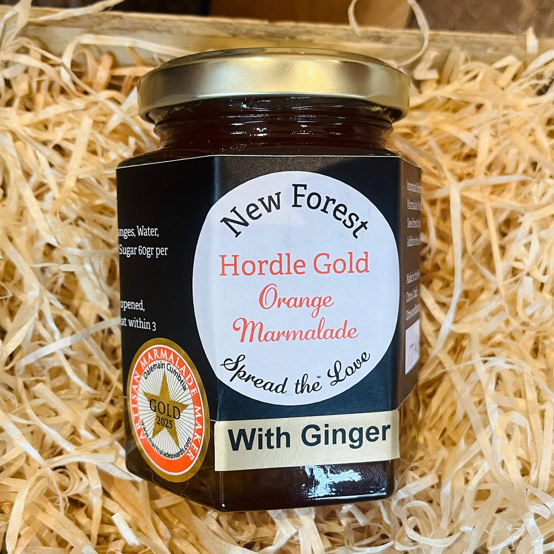 Jar of New Forest Hordle Gold Orange with Ginger Marmalade – award-winning Seville orange and ginger marmalade.