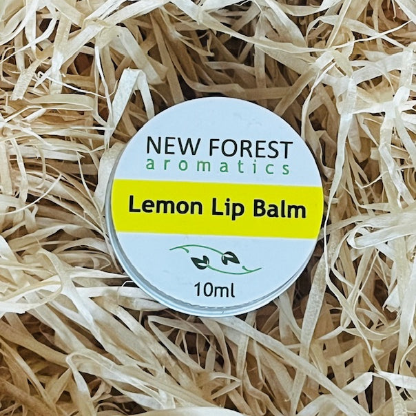 New Forest Aromatics Lemon Lip Balm on a bed of straw