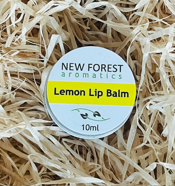 New Forest Aromatics Lemon Lip Balm on a bed of straw