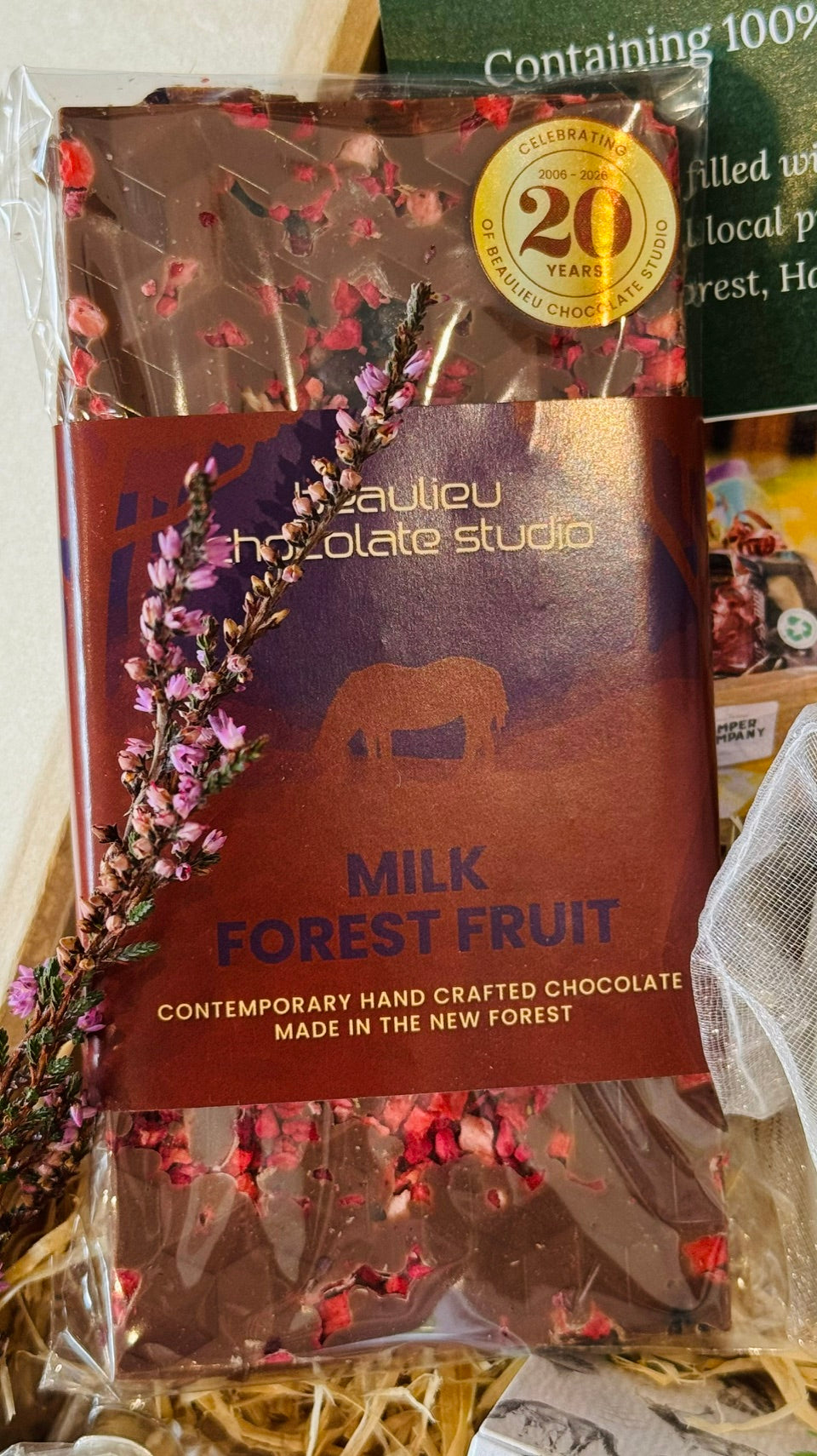 Beaulieu Chocolate Studio Milk Forest Fruit bar, hand crafted in the New Forest