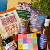 Dorset Giftbox packed with Real Cure Hartgrove Coppa, Chococo handcrafted chocolates, Olives et Al Reganas crackers and smoky chipotle nuts, red onion marmalade and beetroot and thyme dressing