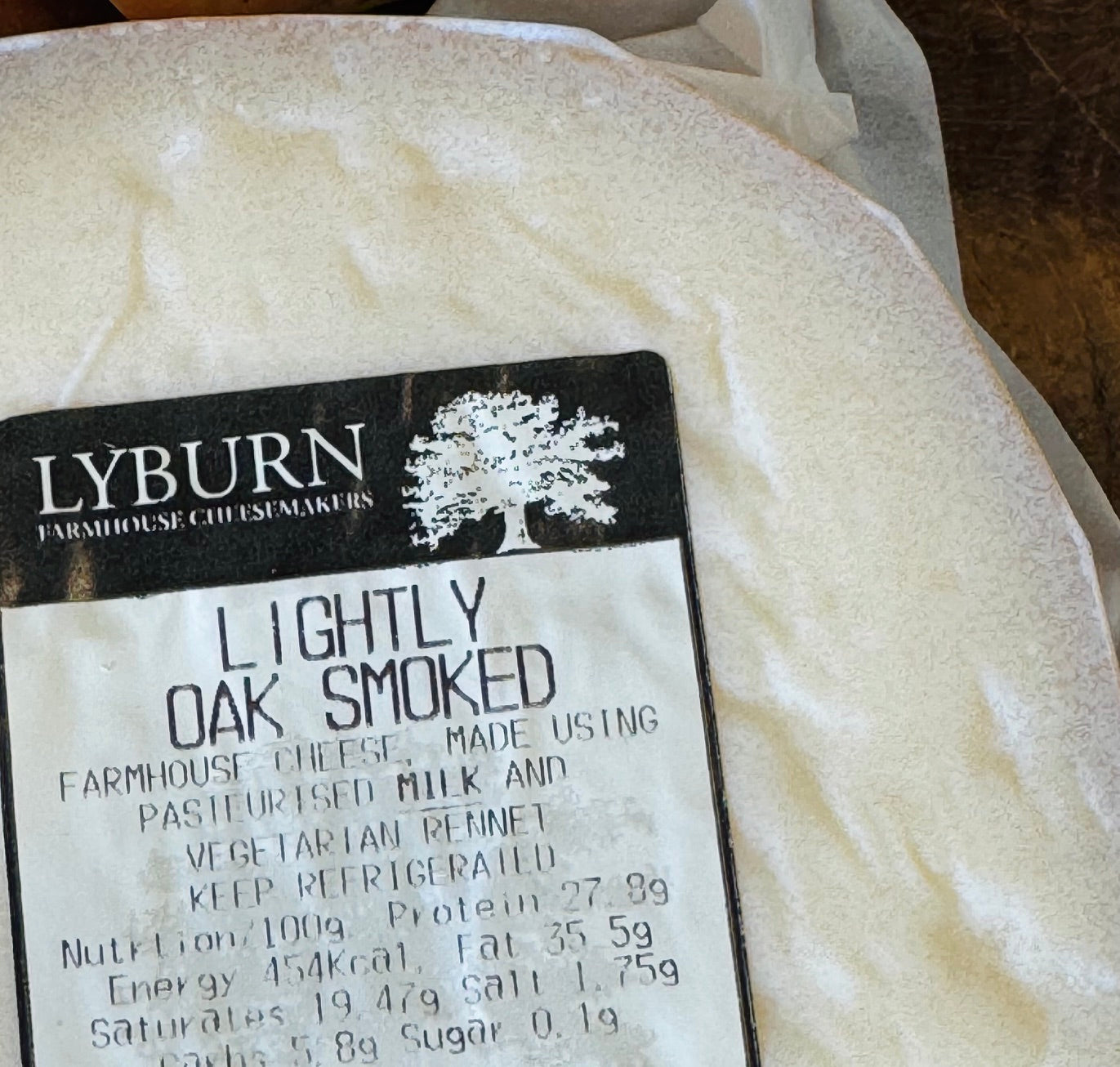 Lyburn Lightly Oak Smoked farmhouse cheese, made in Hampshire with vegetarian rennet
