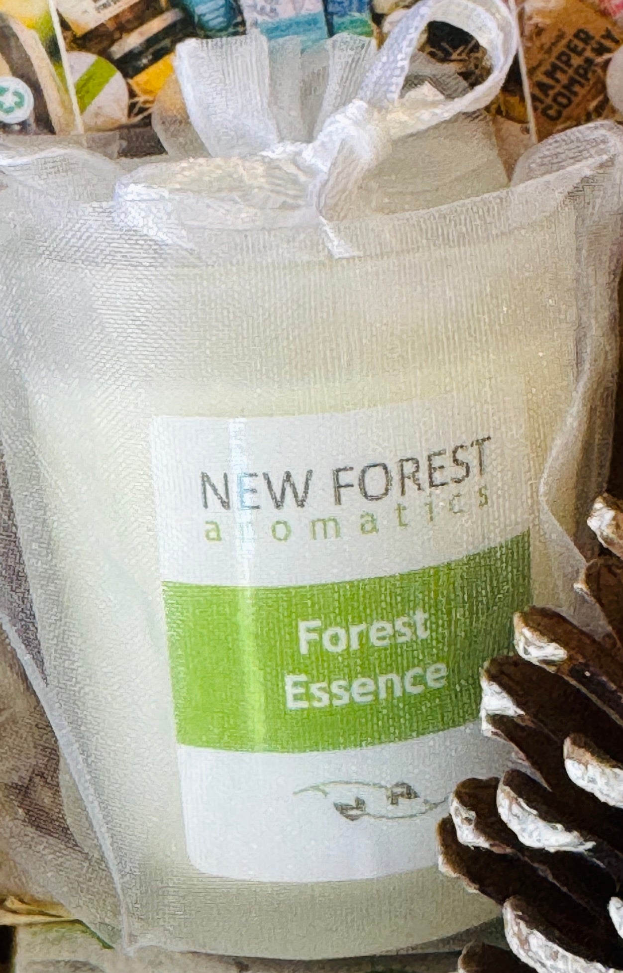 New Forest Aromatics Forest Essence candle, hand poured in the New Forest and presented in an organza bag