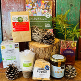 New Forest Marque Festive Giftbox contents displayed with San-Tea Claus limited edition Christmas tea and Great Taste three star New Forest wildflower honey