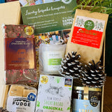 New Forest Marque Festive Giftbox packed with San-Tea Claus Christmas tea, Noble Bee wildflower honey, Original shortbread, Beaulieu Forest Fruit chocolate, mince pie fudge and a Forest Essence candle