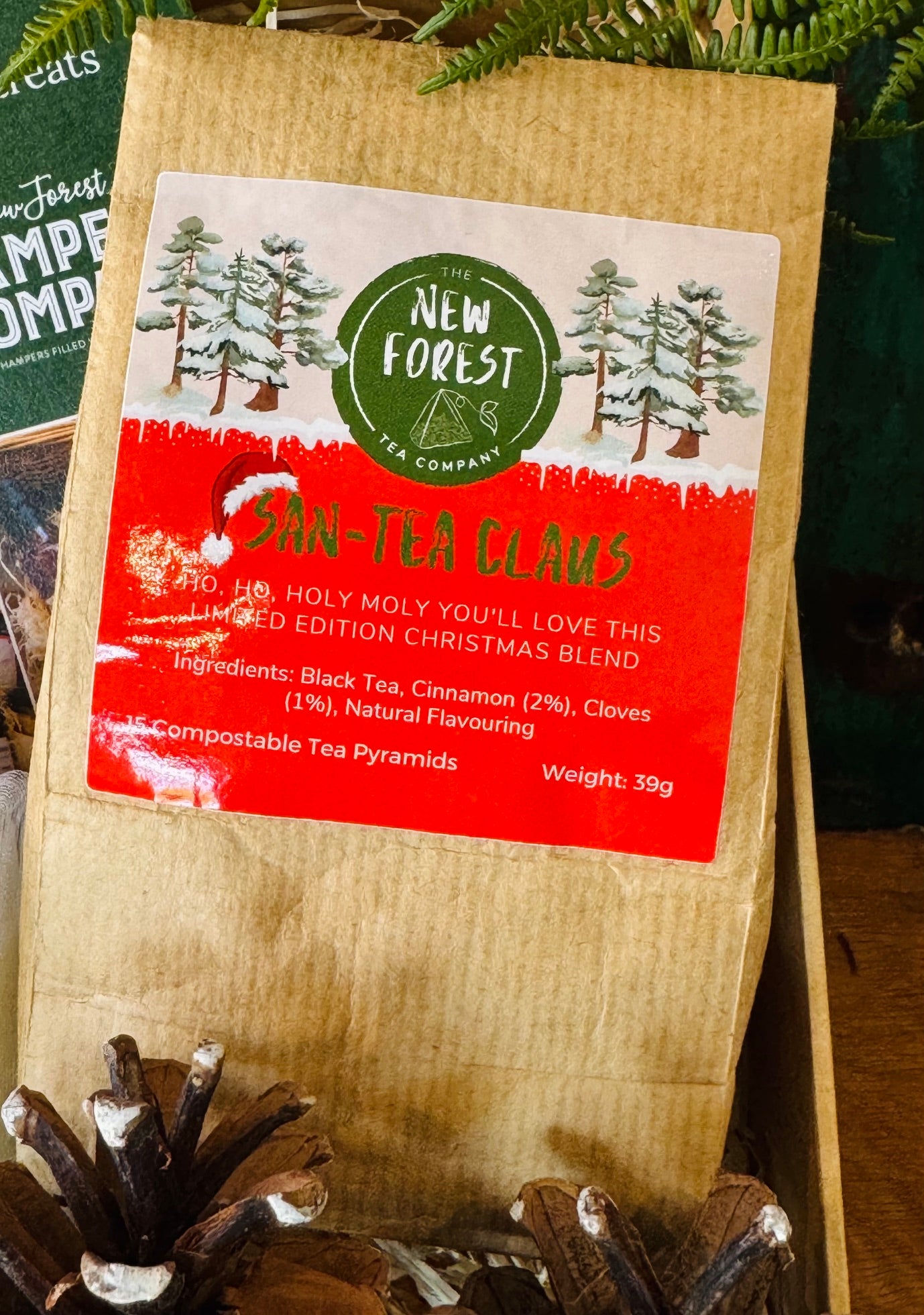 New Forest Tea Company San-Tea Claus, a limited edition Christmas blend of black tea with cinnamon and cloves in 15 compostable tea pyramids