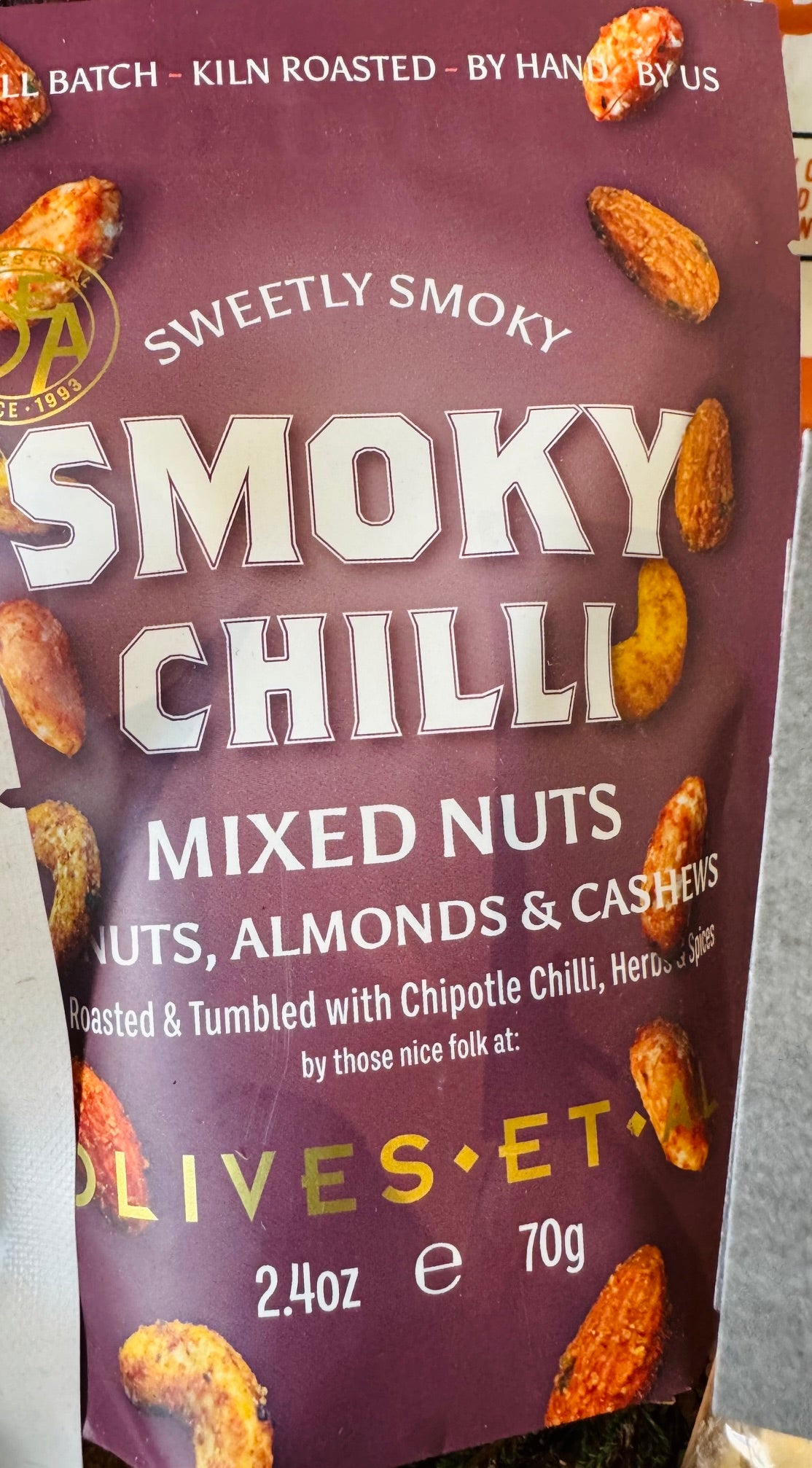 Olives et Al Smoky Chilli Mixed Nuts 70g pouch, kiln-roasted peanuts, almonds and cashews with chipotle chilli