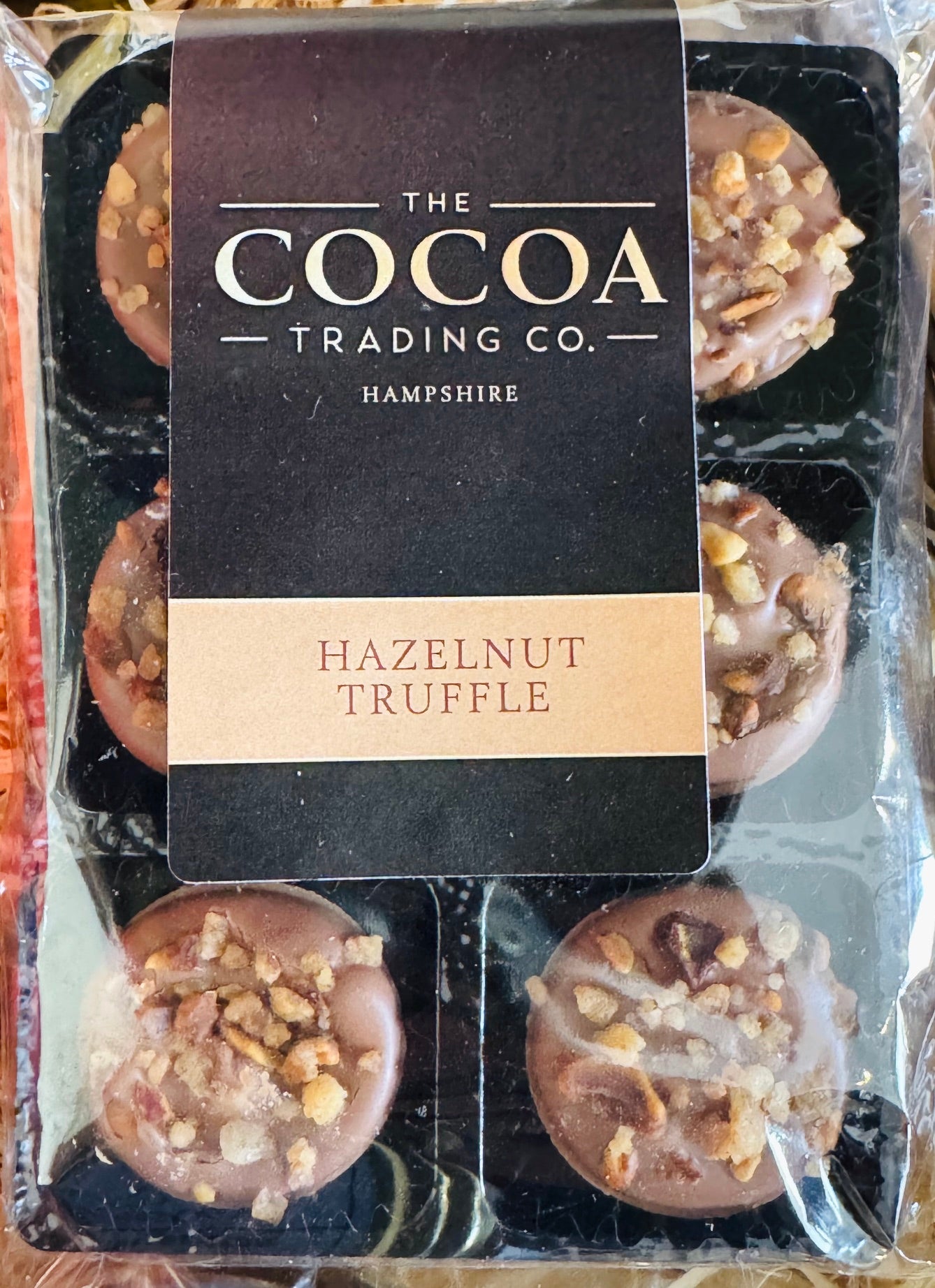 The Cocoa Trading Co Hazelnut Truffle cups, six milk chocolate truffles handmade in Hampshire