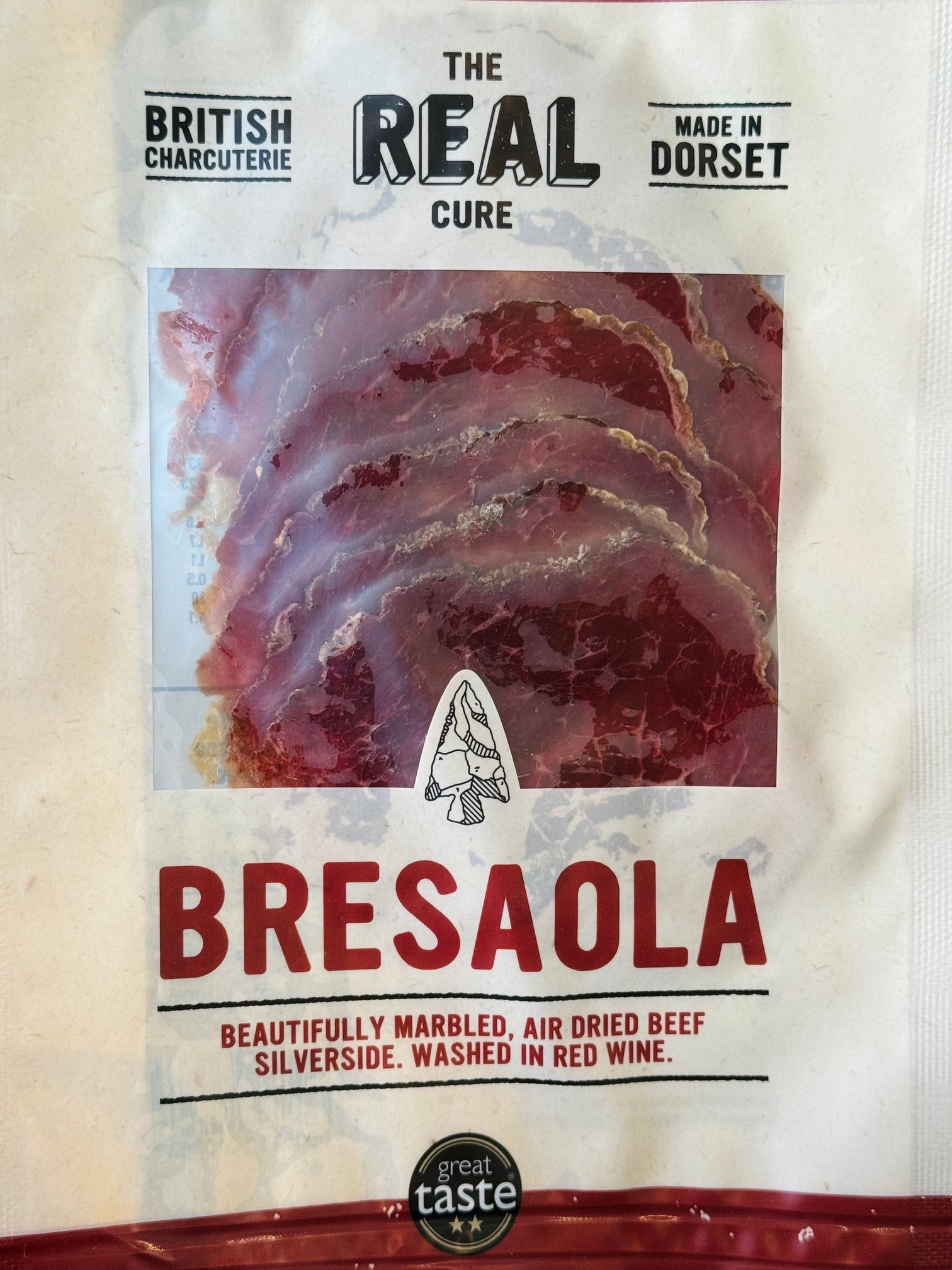 The Real Cure Dorset Bresaola 55g, air dried beef silverside washed in red wine, with its Two Star Great Taste Award