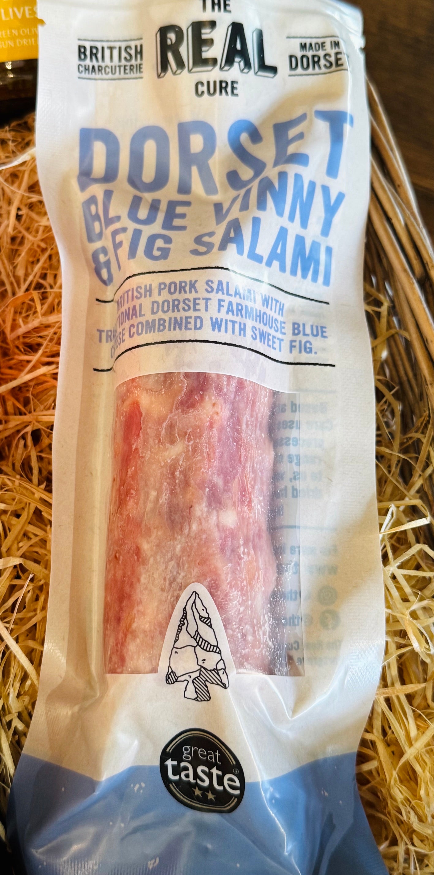 The Real Cure Dorset Blue Vinny & Fig Salami 110g with its Two Star Great Taste Award