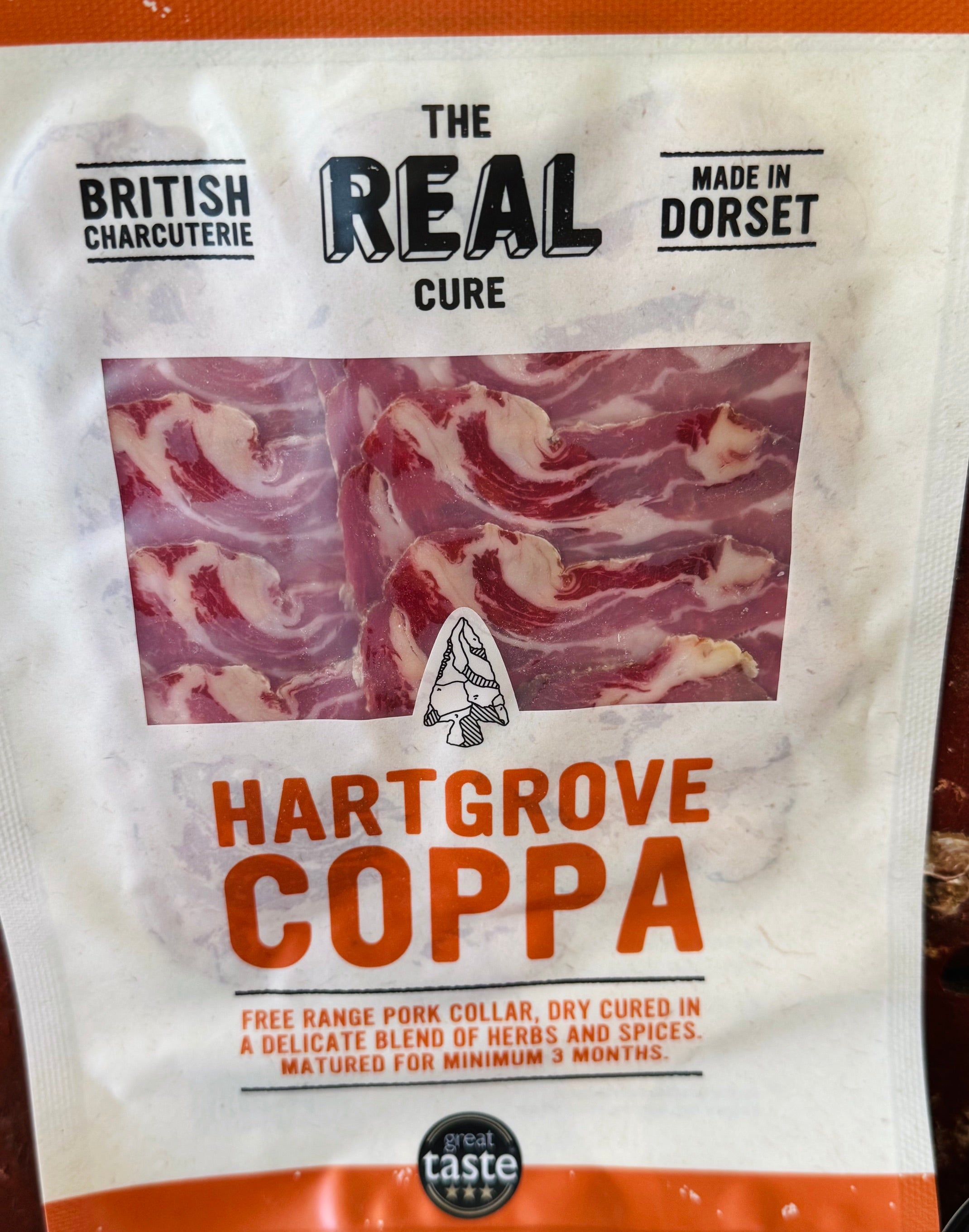 The Real Cure Hartgrove Coppa 55g, slow dry-aged in Dorset, with its Three Star Great Taste Award