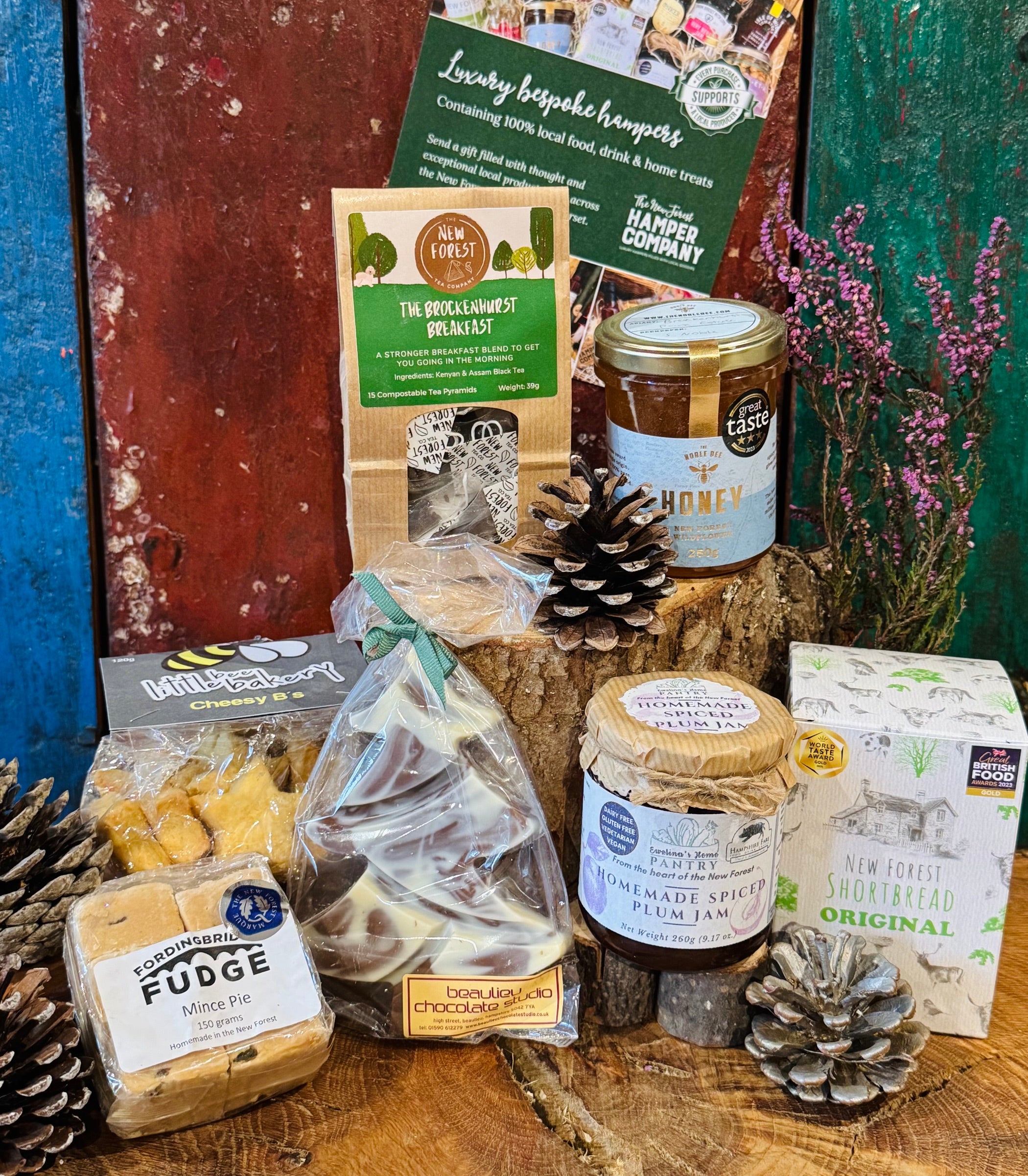 The New Forest Festive Favourites Giftbox contents displayed side by side, showing all seven New Forest festive treats