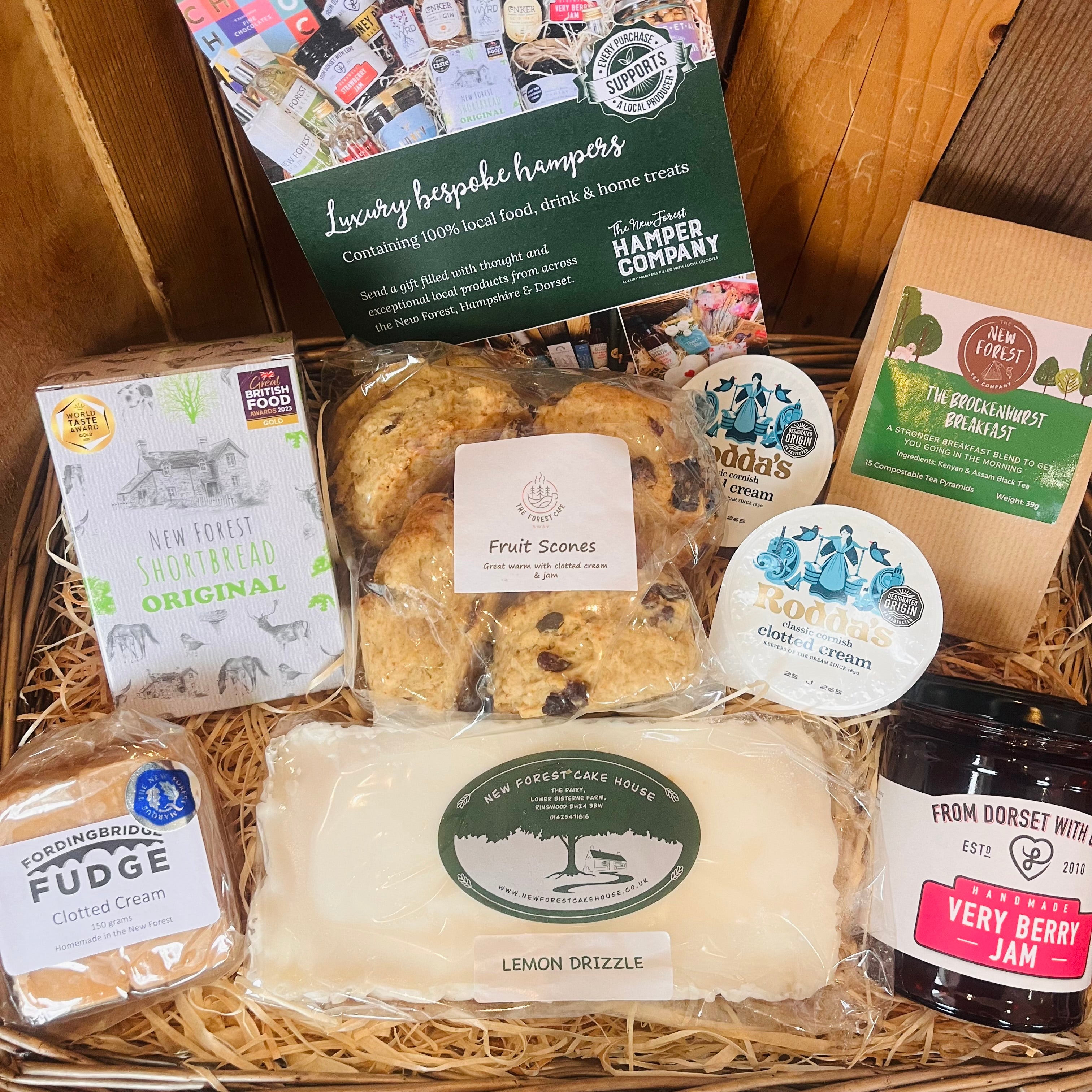 New Forest Hamper Company Luxury Afternoon Tea Hamper filled with artisan homemade cake, shortbread, tea and local treats from Hampshire and Dorset.