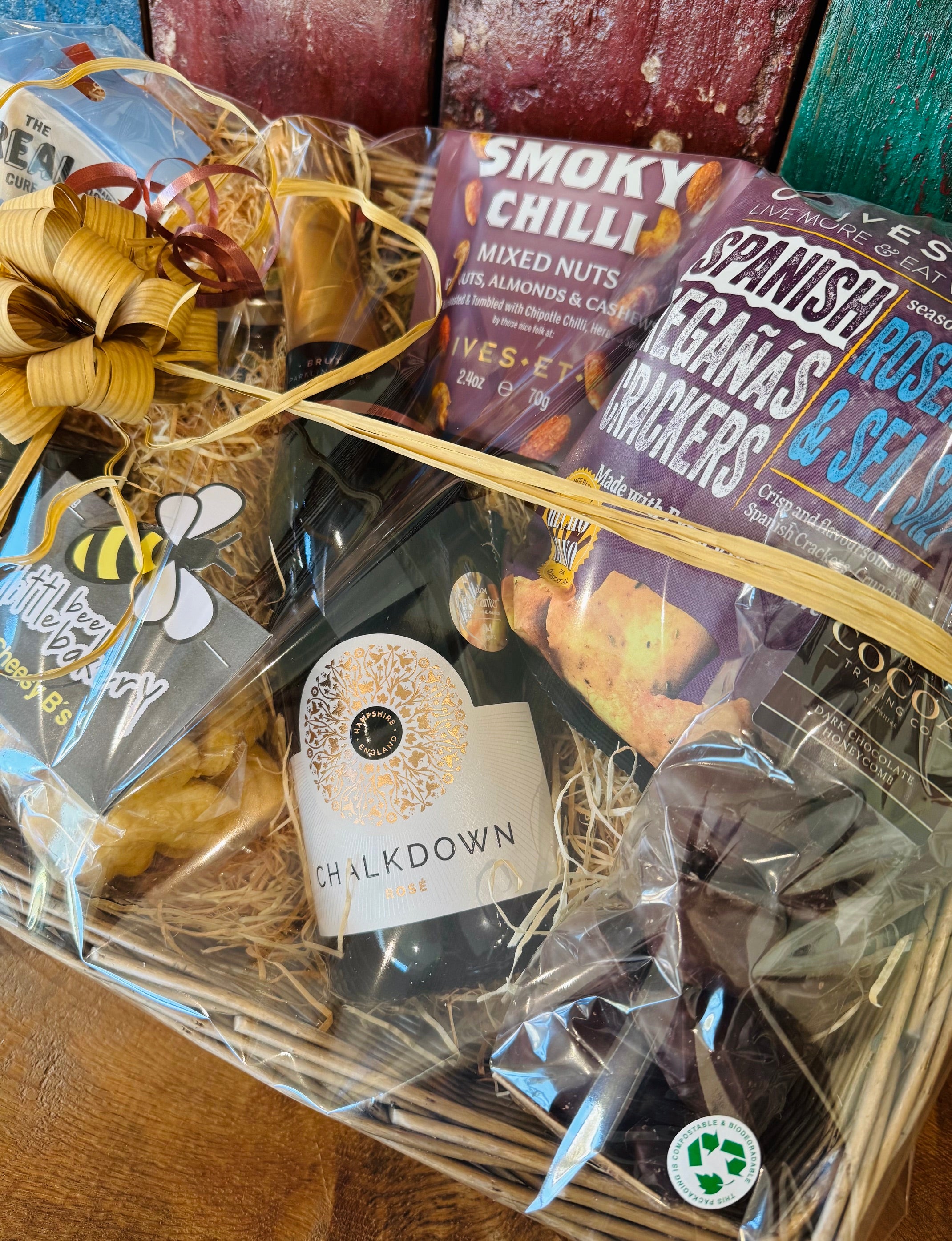 The Perfect Evening In Hamper wrapped and finished with the New Forest Hamper Company gift tag