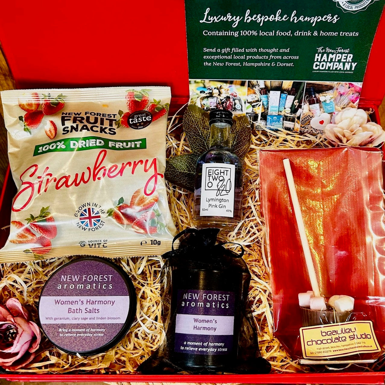 Pink Gin and Pampering Gift Box with Lymington Pink Gin, bath salts, aromatic candle, dried strawberries and handmade chocolate