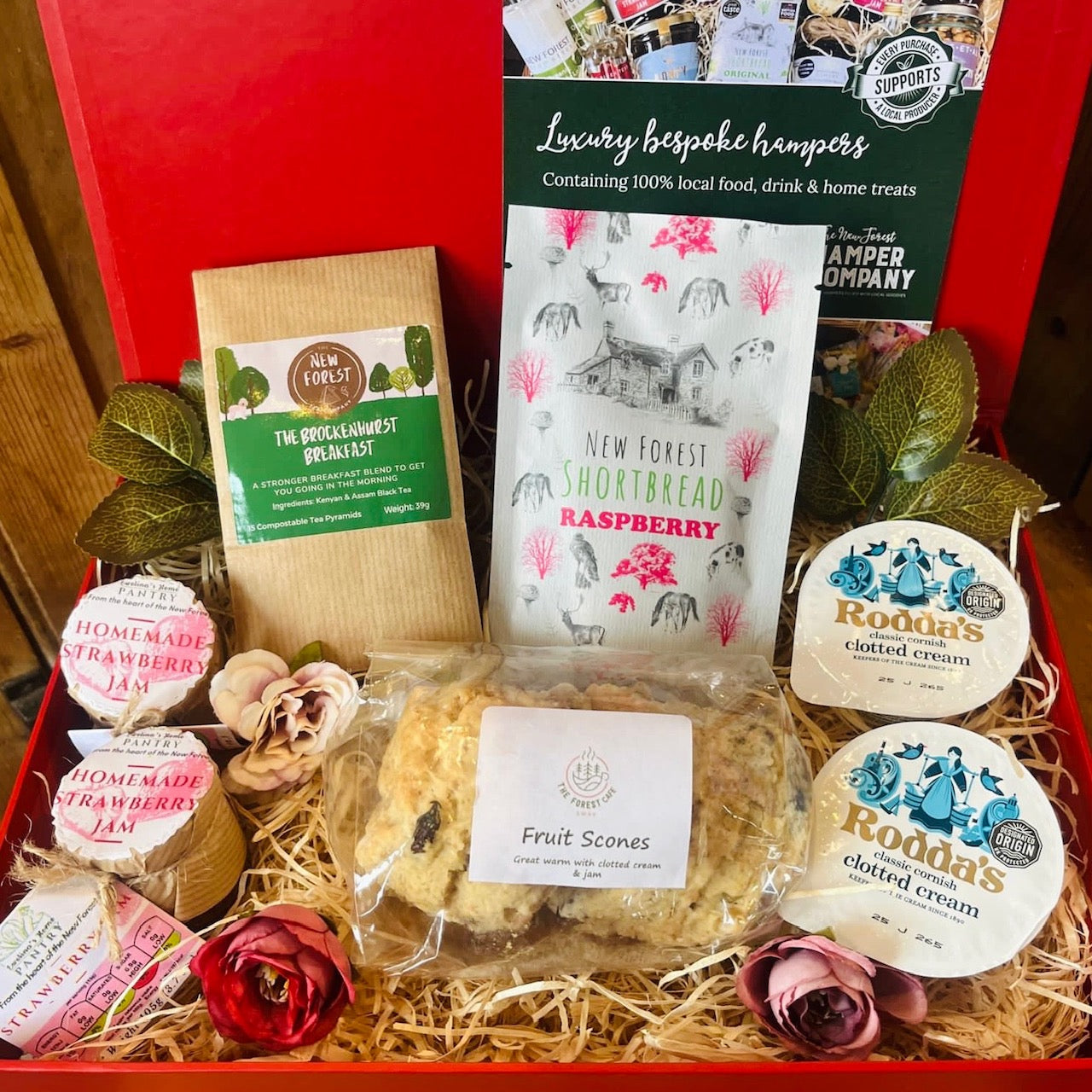 New Forest Afternoon Tea Gift Box with fruit scones, strawberry jam, clotted cream, New Forest raspberry shortbread and New Forest Brockhurst Tea